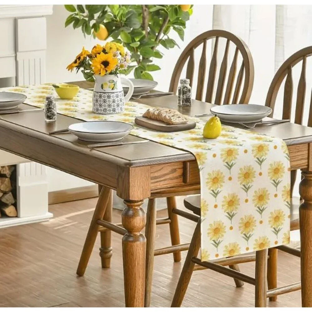 Table Runner 13x72in Woven Polyester Sunflowers Yellow Spring Summer Floral